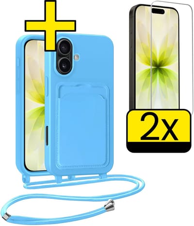 Hoesje Geschikt voor iPhone 17 Telefoonhoesje Met Koord Case Pashouder Met 2x Screenprotector Siliconen - Hoes Geschikt voor iPhone 17 Hoesje Met Kaarthouder - Lichtblauw