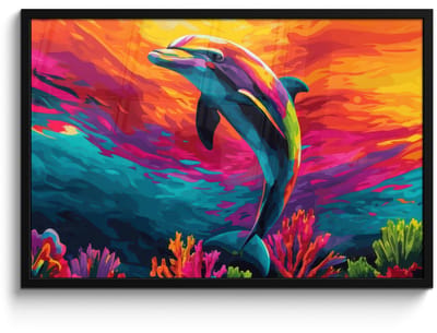 Poster in lijst - Fotolijst 90x60 cm - Posters - Dolfijn - Kleurrijk - Oceaan - Koraal - Posterlijst zwart - Decoratie - Wanddecoratie woonkamer - Muurdecoratie slaapkamer