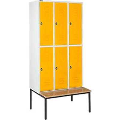 Schäfer Shop Select Kledinglocker, met zitbank, 3x2 compartimenten, 300 mm, Draaigrendelslot, deur geel