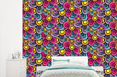 Behang - Fotobehang Patroon - Hippie - Bloemen - Paars - Breedte 315 cm x hoogte 260 cm