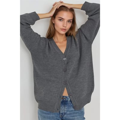Oversized Geribbelde V-hals Knopen Cardigan