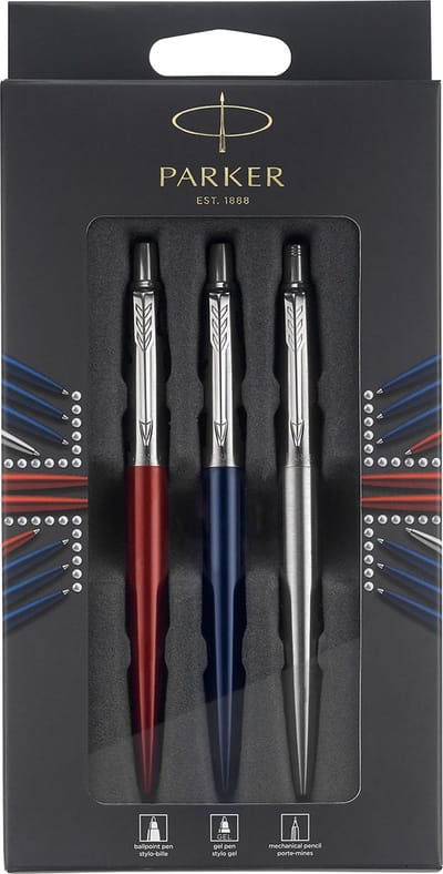 Parker Jotter London Trio Discovery-geschenkset met pennen en potlood: balpen (Koningsblauw), gelpen (Rood Kensington) en vulpotlood (roestvrij staal)