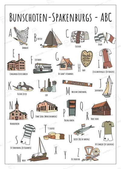 ABC Ansichtkaart Bunschoten-Spakenburg - Set van 4 Stuks - A6 Kaarten (10,5 x 14,8 cm) - Souvenir & Cadeau - Handgetekende Illustraties