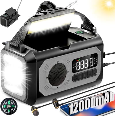 Nexvo® Noodradio Opwindbaar en Batterij - Noodradio - Survival Radio - Groente- 12000 mAh - Zonnepaneel - Grijs- 16cm x 8cm x 9cm