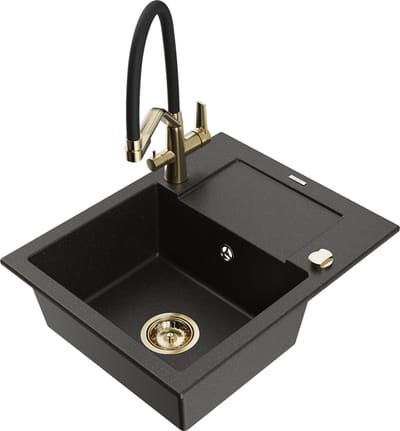 Mexen Enzo granieten gootsteen 1-koer met afdruipgedeelte en keukenmengkraan Duo, zwart/goud metallic - 6506-75-671701-57-G