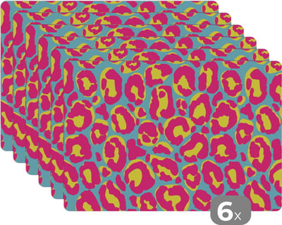 Placemat - Placemats kunststof - Panterprint - Roze - Geel - Patroon - 45x30 cm - 6 stuks - Hittebestendig - Anti-Slip - Onderlegger - Afneembaar