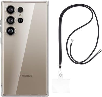 Set met hoesje en nekband voor Samsung Galaxy s24 ultra - Flexibele, transparante TPU-bescherming, verstelbare universele nekband voor mobiele telefoons, zwarte nekband, transparante draagriem van Phonillico®