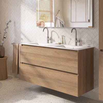 Saqu Terra badmeubel incl. dubbele mat witte keramische wastafel 120x46x66cm denver eiken