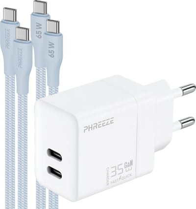Phreeze usb C adapter 35w snellader met 2x usb C naar usb C kabels blauw - Voor tegelijk snelladen telefoon en tablet
