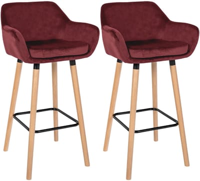 CLP Grant Set van 2 barkrukken - Met rugleuning - Moderne Barstoel - Beukenhouten Poten - Belastbaar tot 150 kg - Velvet - Fluweel - rood/natura