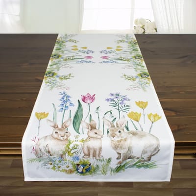 Dailygoods- Tafelloper Lente - Bloemen/Hazen - Decoratie - Wasbaar - 100% Polyester - 40 x 140 cm - Tafelkleed