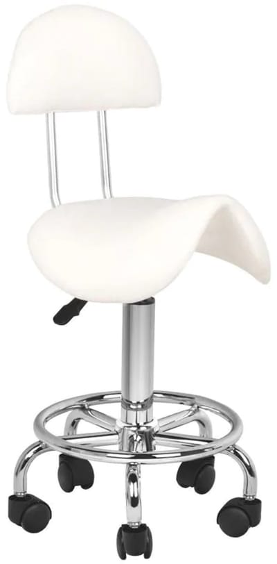 Ergonomische Cosmetische Zadelkruk – Met Rugleuning – Verstelbaar 49–62 cm – Wit Ecoleer – Zilverkleurig Onderstel – Kapperskruk / Werkstoel