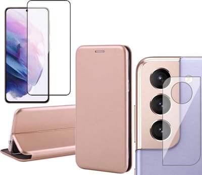 Hoesje geschikt voor Samsung Galaxy S21 FE - Book Case Kunstlederen Wallet Cover Minimalistisch Pasjeshouder Hoes Roségoud - Full Tempered Glass Screenprotector - Camera Lens Protector