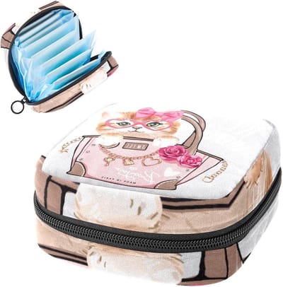 Menstruatiezakje - Maandverband tasje - Hygiënisch opbergen - Privacy beschermend - 17 x 17 x 12 cm - Kat design