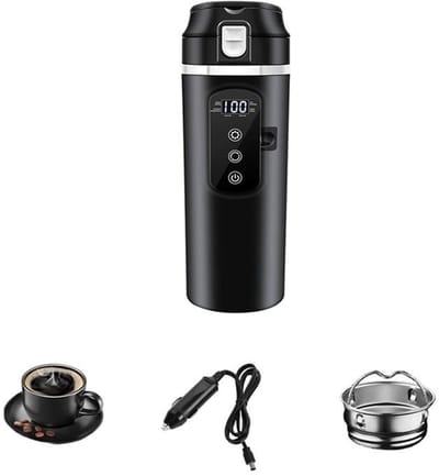 KZQ Autowaterkoker - Draagbare reiswaterkoker - Lekvrij deksel - Binnenkant van 304 roestvrij staal - Instelbare temperatuur - Geschikt voor auto's, campers en vrachtwagens - 500 ml - Inclusief filter en snoer - 12V/24V