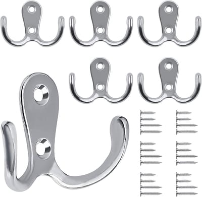 Zilveren dubbele kledinghaken - retro metalen haak - set van 6 - vintage
