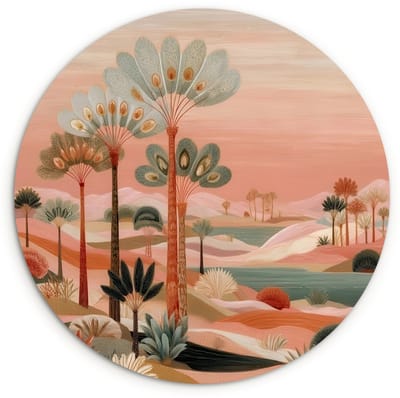 WallCircle® Wandcirkel 120x120 cm - Muurcirkel Roze landschap - Palmen - Water - Muurdecoratie woonkamer - Wanddecoratie slaapkamer - Kamer decoratie accessoires - Ronde schilderijen XXL