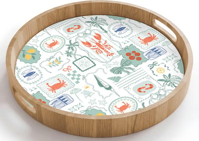 Dienblad rond 40x40 cm - Schootdienblad hout - Patroon - Groen - Mediterraans - Borrelplank rechthoek - Plateau houten dienbladen
