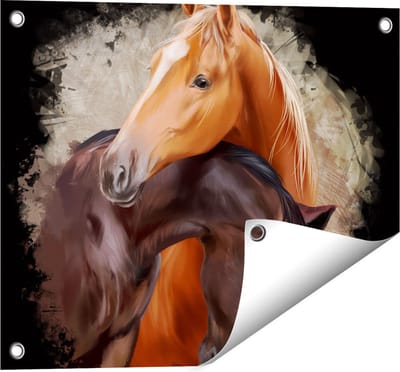 Gards Tuinposter Twee Getekende Knuffelende Paarden - Abstract - 50x40 cm - Tuindoek - Tuindecoratie - Wanddecoratie buiten - Tuinschilderij