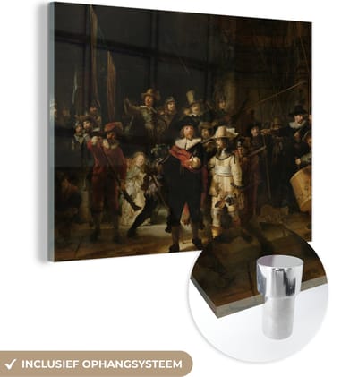 MuchoWow® Glasschilderij 120x90 cm - Schilderij acrylglas - De Nachtwacht - Kunst - Oude meesters - Rembrandt - Foto op glas - Schilderijen