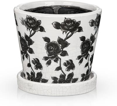 Zwart-witte keramische plantenpot met afvoergat en schotel, bloempot van 14 cm voor binnen en buitenplanten, crackle glazuur porseleinen plantenbak voor kamerplanten, vetplanten, kruiden en