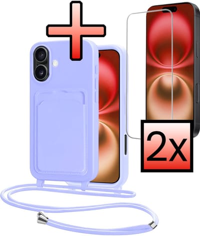 Hoes Geschikt voor iPhone 16 Plus Hoesje Pasjeshouder Cover Met Koord Case Siliconen Hoes Met Telefoonkoord en Kaarthouder Met 2x Screenprotector - Lila
