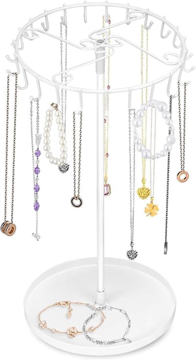 Rotating Sieradenstandaard met Tray en 23 Haken voor Kettingen, Armbanden en Ringen, Ideaal voor Organisatie en Opslag van Sieraden