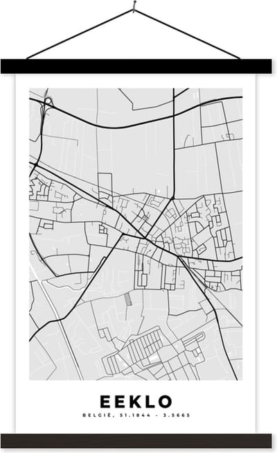 Posterhanger incl. Poster 40x60 cm - Schoolplaat - Kaart – Plattegrond – Stadskaart – Eeklo – België – Zwart Wit - Textielposter - Zwarte latten - Stadskaart