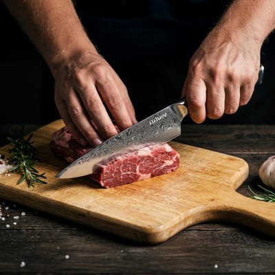 Professioneel Koksmes van Damaststaal - 8 Inch, Scherp Keukenmes met Vingerbescherming en Slijper, Ideaal voor Vlees en Groenten, Perfect als Cadeau