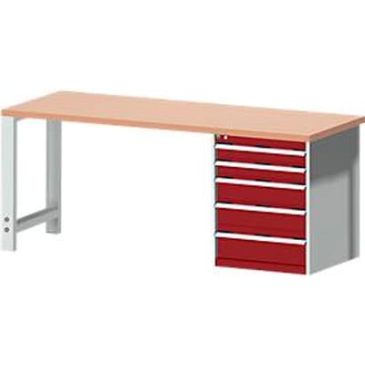 Bott cubio werkbank, met ladekast, koper beukenhout, B 2000 x D 750 x H 840 mm, 700 kg, lichtgrijs RAL 7035/paars RAL 3004