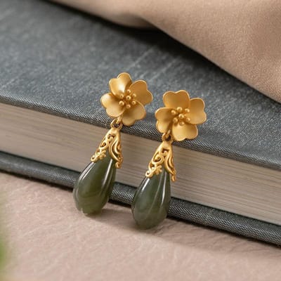 Originele nieuwe antiek gouden ambacht ingelegde orchidee natuurlijke Hetian jade oorbellen Chinese stijl elegante dames sieraden gray
