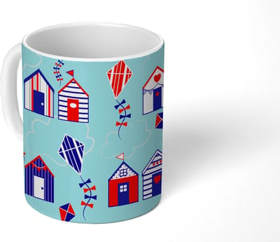 Mok - Koffiemok - Strand - Vlieger - Patronen - Mokken - 350 ML - Beker - Koffiemokken - Theemok