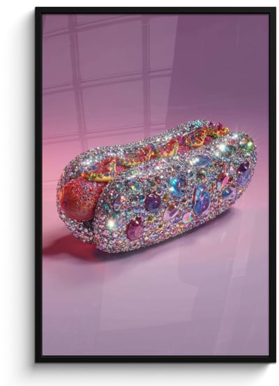 Poster in lijst - Fotolijst 80x120 cm - Posters - Hotdog - Steentjes - Glitters - Paars - Posterlijst zwart - Decoratie - Wanddecoratie woonkamer - Muurdecoratie slaapkamer