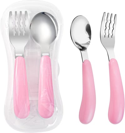Set van 2 Kinderbestek met Reisdoos - RVS Lepel en Vork voor Peuters - Ideaal voor Schoollunch en Uitjes (Roze)