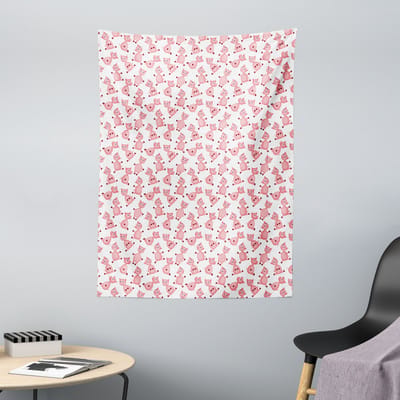 ABAKUHAUS Varkenswandtapijt, Cartoonpatroon van een zittend en lachend varken, 110 x 150 cm, lichtroze wit