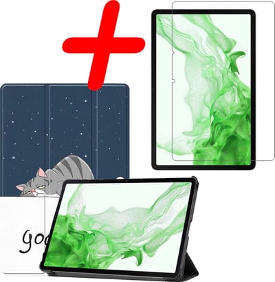 Hoesje Geschikt voor Samsung Galaxy Tab S8 - Met Screenprotector - Trifold Bookcase - Hard Cover - Hardcover Book Case - Tablet Hoes - Kat