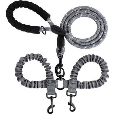 Dubbelkoppig Elastisch Trektouw Hondenriemen Touw Schokabsorberend Nylon Lijn Reflecterend Voor Dubbele Twee Kleine Grote Honden grijs