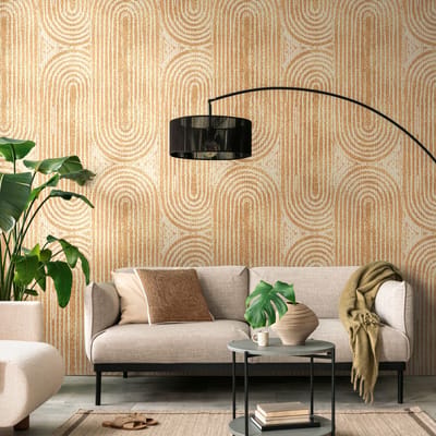 Fotobehang Profhome 398681-GU vliesbehang hardvinyl warmdruk in reliëf glad in retro stijl mat oranje beige 1,59 m x 2,8 m