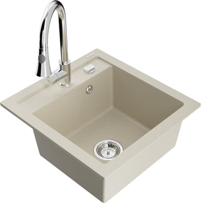 Mexen Vito granieten gootsteen 1-komors met keukenmengkraan Elia, beige - 6503-69-670101-00