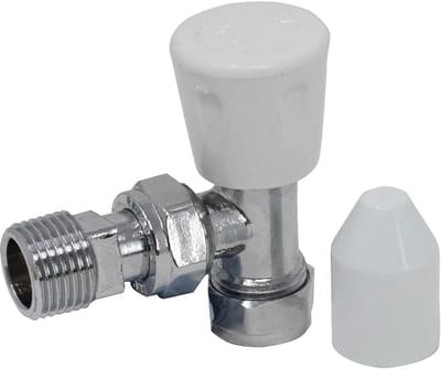 Schuine Radiatorklep 15 mm met Lockshield en Witte Wielkop - Chromen Afwerking