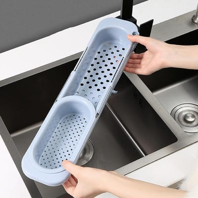 Égouttoir Rétractable Creux avec Tige de Suspension pour Égouttage Support Éponge en Plastique pour Évier de Cuisine Bleu bleu
