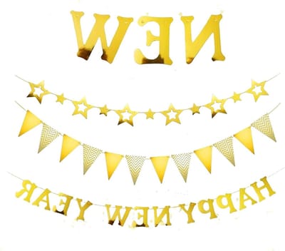 Garland voor Oud en Nieuw 5 m - Gouden Glitter - Sterren en Vlaggen - Creëer een feestelijke sfeer - ShopVlot