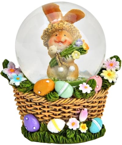 Sneeuwbol paashaasje met bosje bloemen op voet in de vorm van paasmand met paaseitjes en bloemen - Pasen Lente Decoratie schudbol