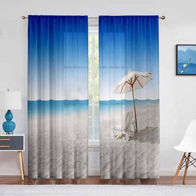 Oceaan Zeegezicht Strand Zomervakantie Thema Tule Gordijnen voor Woonkamer Slaapkamer Decoratie Luxe Keuken Voile Transparante Gordijnen 1 PCS W100XH250cm&Grommet Top