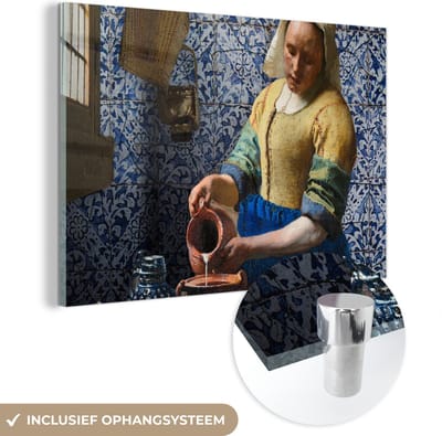 MuchoWow® Glasschilderij 120x80 cm - Schilderij acrylglas - Melkmeisje - Delfts Blauw - Vermeer - Schilderij - Oude meesters - Foto op glas - Schilderijen