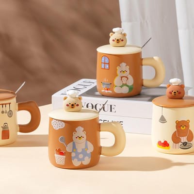 Reliëf Beer met Deksel Lepel Keramische Kop Cartoon Schattig Dier Mok Meisje Stel Waterbeker Klein Cadeau Beker 420ML white