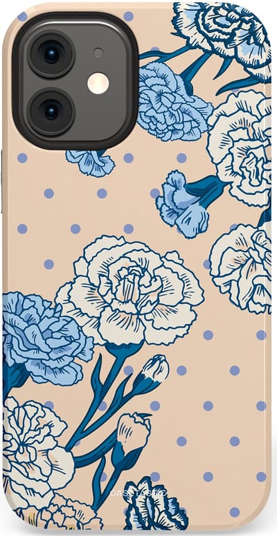 Casetastic hoesje geschikt voor Apple iPhone 12 Mini - Dubbellaagse bescherming - Anjer elegantie - Fashion Case - Zand Zilver Lichtblauw