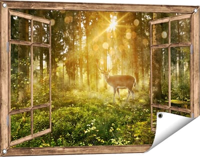 Gards Tuinposter Doorkijk Hert in Bos met Zon - 90x60 cm - Tuindoek - Tuindecoratie - Wanddecoratie buiten - Tuinschilderij