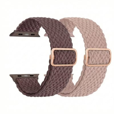 Roze bruin nylon horloge band 2 pack dames heren geschikt voor Apple Watch 38 mm / 40 mm / 41 mm / 42 mm (serie 10 / 11) – rekbare band – gevlochten verstelbare stijl