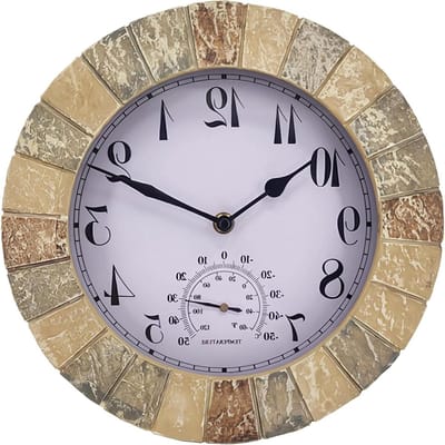 Buitenklok met thermometer - Weerbestendige klok - Tuin decoratie - Steenlook ontwerp - 10 inch - Multicolor